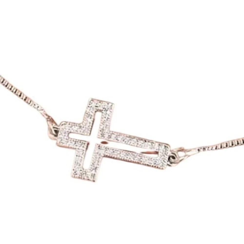 Silver Sideways Cross Bolo Bracelet Adjustable‎ Pave Crystal Religious Jewelry